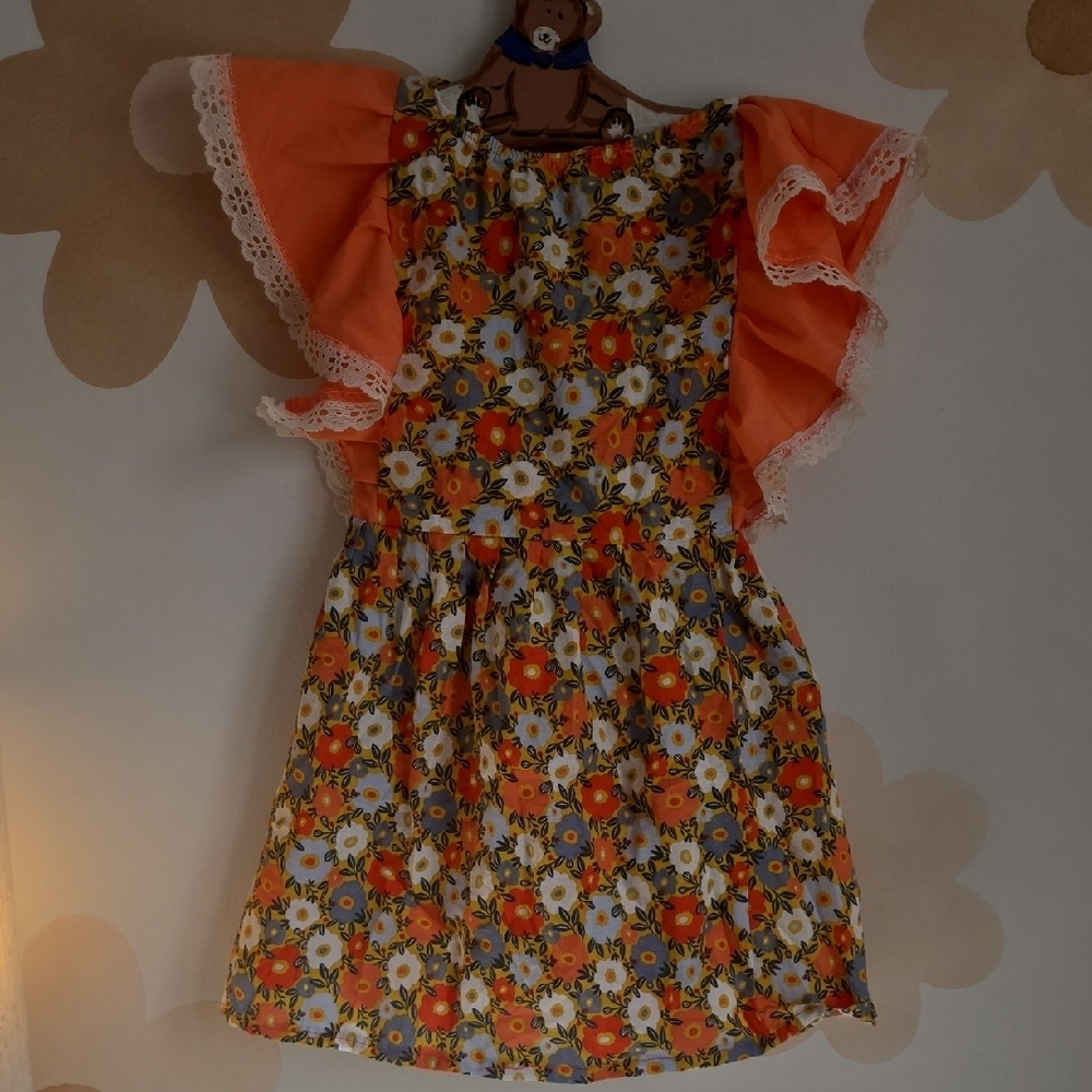 Vintage Kids Floral Dress with Orange Ruffle Sleeves